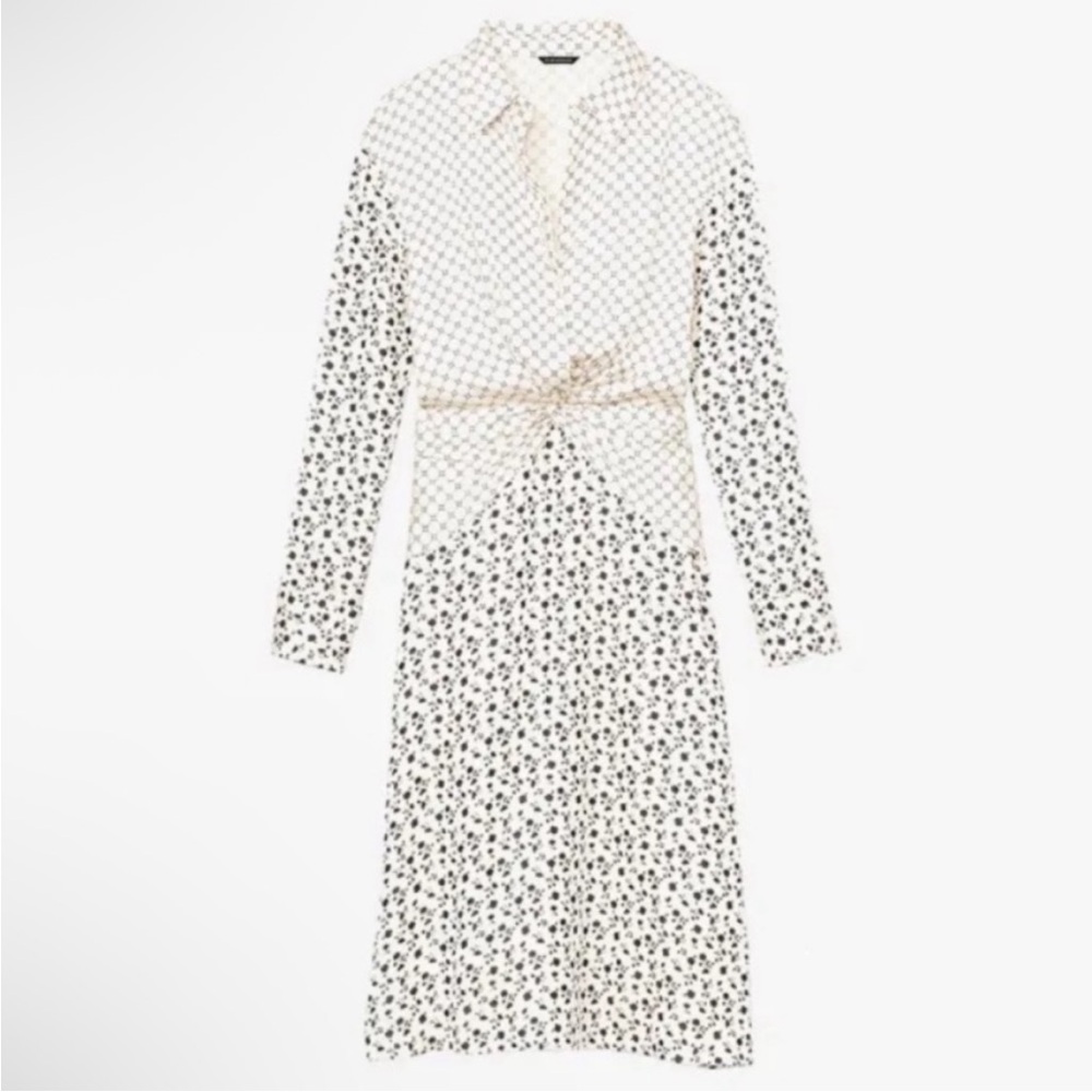 Cream mixed media knot waisted dress
